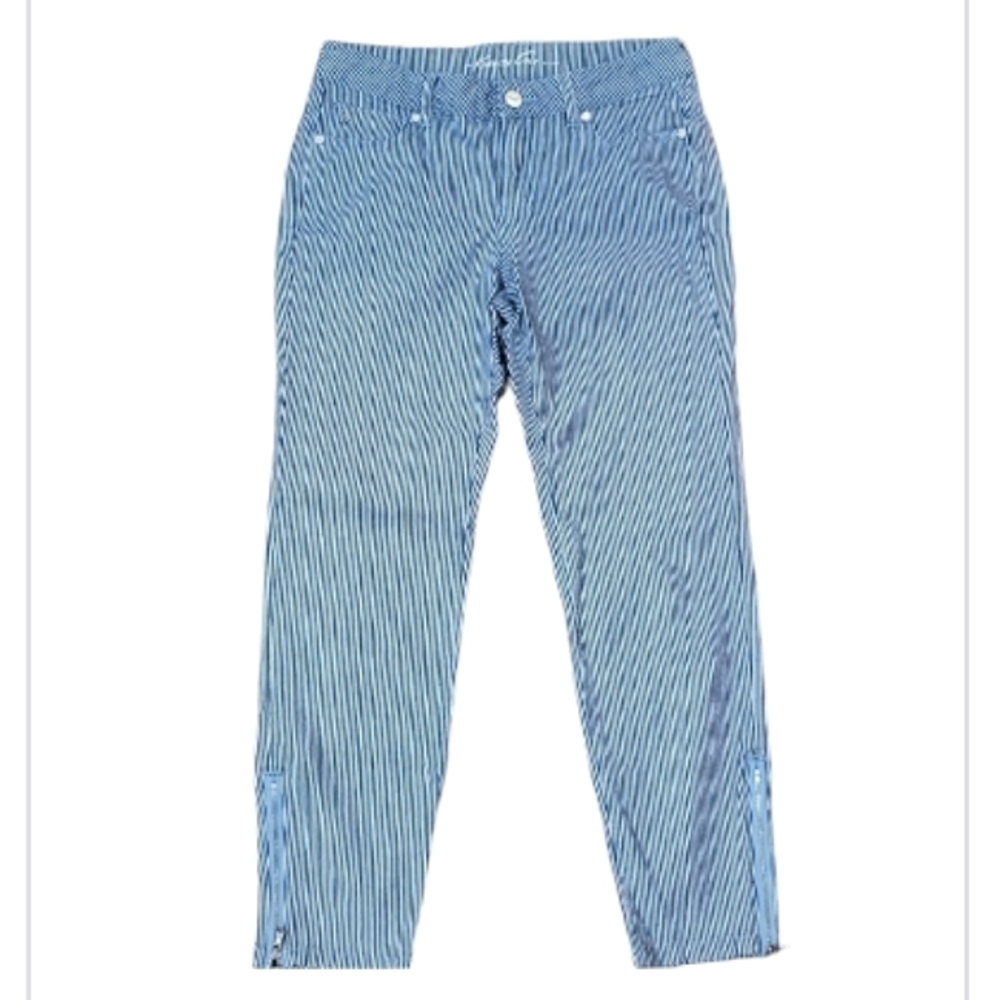 Kenneth Cole Blue White Pinstripe Pants Zippered Cuffs Skinny Fit Size 26